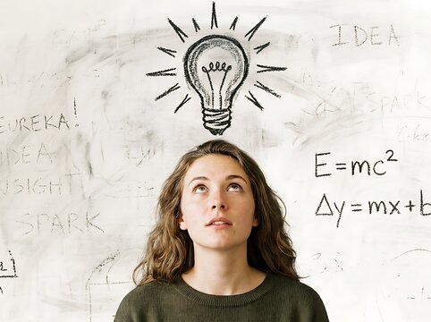 Young woman looking upward with a chalk lightbulb and scientific formulas on a white background