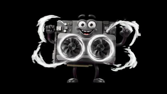 A cheerful 3D GPU video card character with spinning fans and white aura energy lines dancing merrily on a dark background. Ideal for gaming hardware ads, tech tutorials, and computer building content