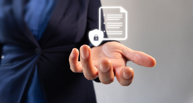 Hand extends forward, offering digital security. Document icon floats above palm, symbolizing protection. Secure data transfer implied, trust emphasized. Ideal for tech, finance