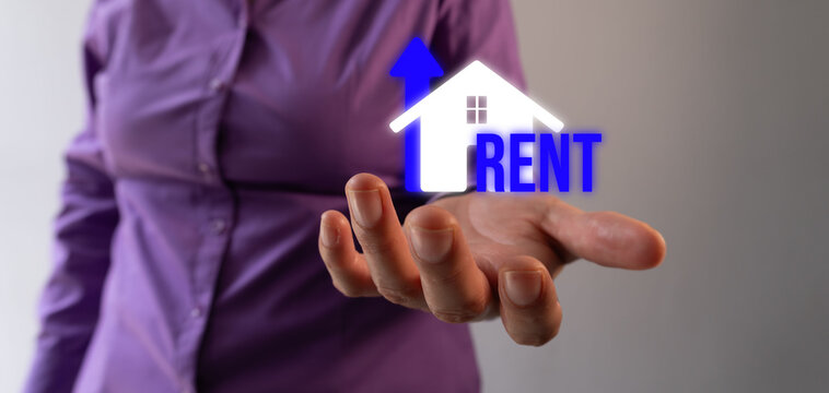 Hand gestures toward rental property icon. Icon shows house with upward arrow. Word "RENT" appears in blue. Visual suggests real estate services. Ideal for housing, leasing