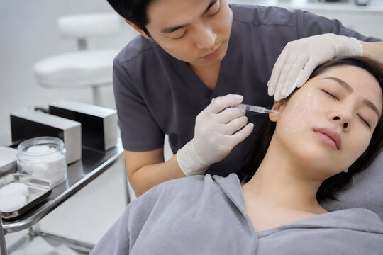 Asian woman receiving skin booster injection in aesthetic clinic
