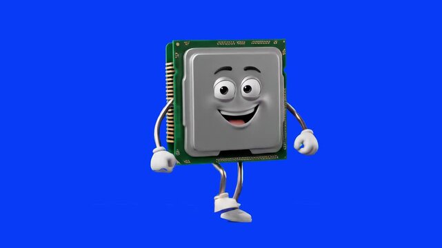 An energetic 3D cartoon computer processor mascot dancing merrily against a solid blue background. Excellent for tech channels, computer hardware guides, IT education, and electronic technology promot