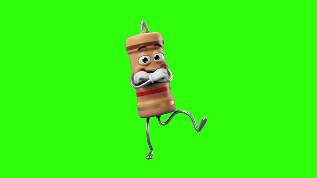 A fun 3D cartoon electronic component mascot shaped like a resistor dancing happily on a chroma key green screen. Great for science education, physics lessons, electronics tutorials, and engineering v