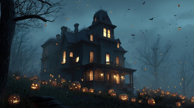 Haunted manor sits nestled on a hillside covered in hundreds of glowing jack-o-lanterns, providing a dramatic and captivating visual for immersive storytelling or festive autumn promotions.