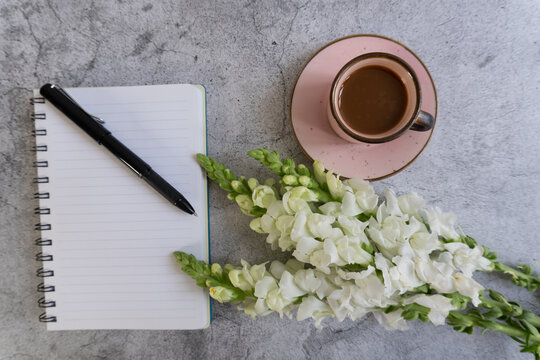 Open notebook rests beside black pen. Pink cup holds warm beverage. White flowers drift across concrete surface. Stillness suggests quiet contemplation. Ideal for creative work or peaceful mornings