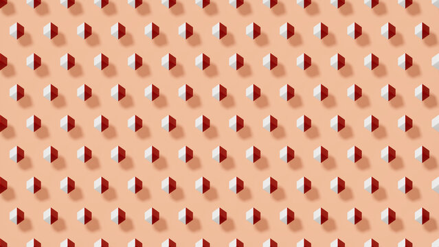 Red white isometric seamless cube pattern, bold 3d blocks scatter, warm peach coral background