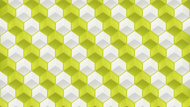 Isometric cube hexagon pattern, yellow green white 3d blocks, optical illusion surface