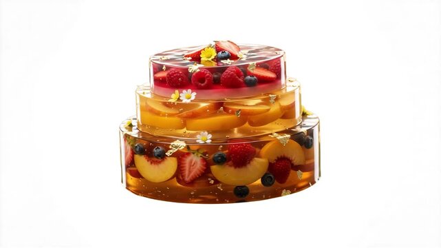 A detailed 3D model of an elegant multi-tiered clear gelatin jelly cake layered with fresh strawberries, raspberries, blueberries, and peach slices, isolated against a solid white studio backdrop. Des