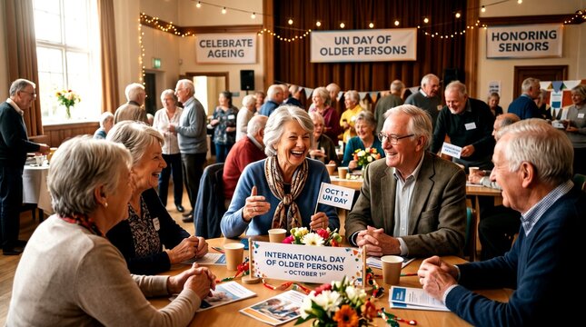 Diverse group of cheerful elderly retirees celebrating International Day of Older Persons at community center event with festive banners and flowers