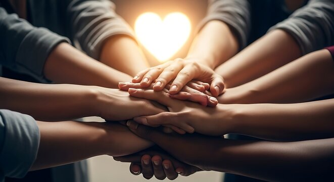 Diverse group of people stacking hands together in a symbol of unity and love.