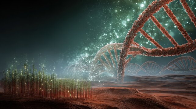 DNA strand glows with luminous particles above a dark, textured landscape representing the fundamental building blocks of life and biological engineering advancements in a scientific environment.