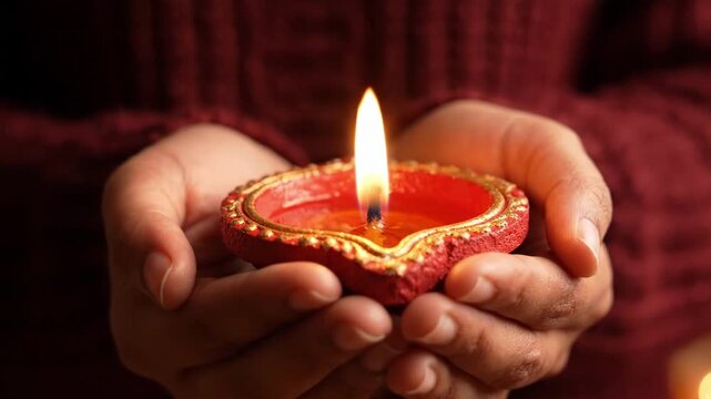 Closeup of hands holding a glowing traditional clay diya lamp during diwali festival