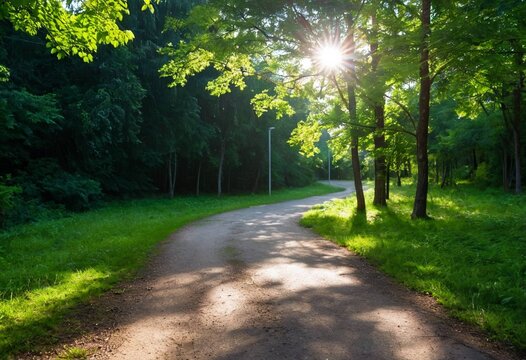 Sunlit forest path winding through lush green trees on a bright summer day