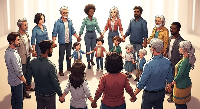 Diverse group of people holding hands in a large circle representing unity and community.