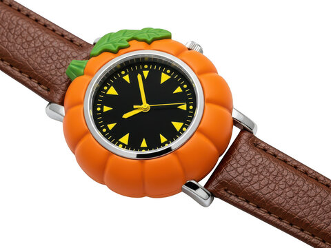 Cute orange pumpkin shaped wristwatch with a brown leather strap isolated on transparent background