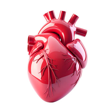 3D plastic cartoon style heart anatomy icon, heart with smooth rounded shapes, shin on transparent background and white background