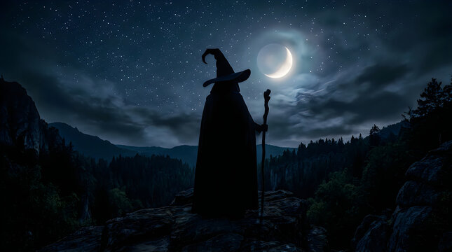 Mysterious wizard silhouette under night sky and crescent moon with silhouette