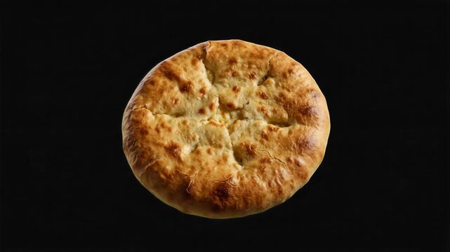 A high-contrast 3D render of a golden-brown baked khachapuri cheese pie displayed on a solid dark black background. Ideal for gourmet restaurant marketing, food styling showcases, menu design, and dig