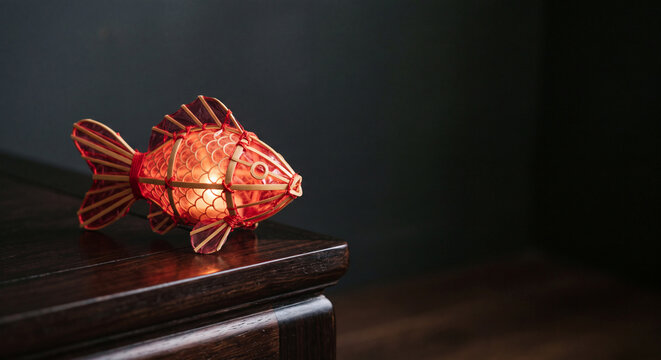 Glowing red fish shaped paper lantern on a dark wooden table with wide copy space