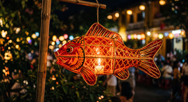 Glowing handmade bamboo fish lantern hanging outdoors in a colorful old town night
