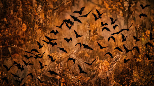 Flock of bats flying at sunset in autumn forest with wildlife, silhouette