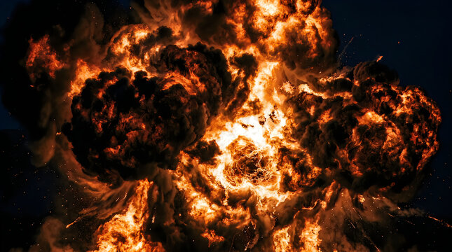 Massive fireball explosion with intense flames and smoke, intense action shot