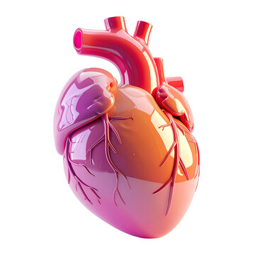 3D plastic cartoon style heart anatomy icon, heart with smooth rounded shapes, on transparent background and white background