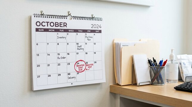 Booster reminder wall calendar with a circled due date beside a pharmacy sign