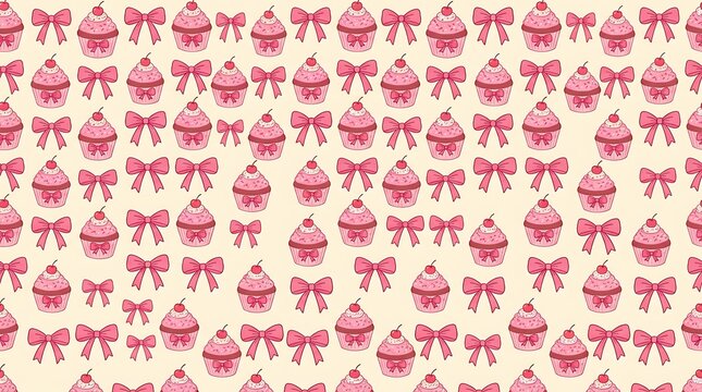 Pink cupcake and ribbon bow seamless background pattern