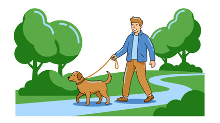 Fototapeta premium Man Walking Dog on Leash along Park Path Flat Vector Illustration Pet Care