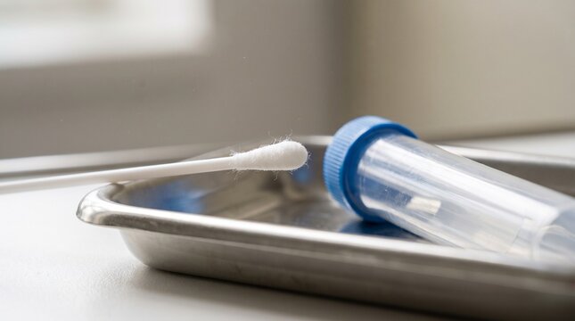 Macro shot of sterile cotton medical swab and test tube on stainless steel tray for laboratory diagnostic testing