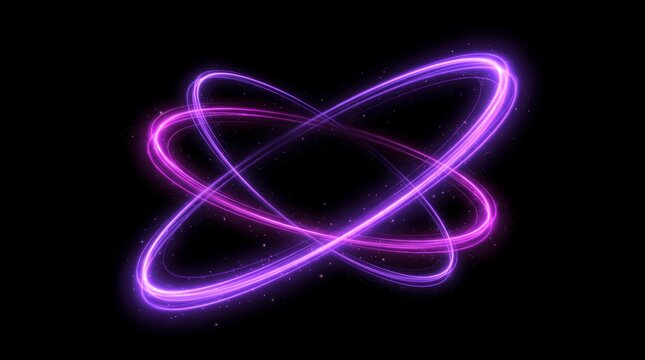 Abstract glowing purple neon light rings forming a futuristic atom structure isolated on a black background for science and technology digital art concepts