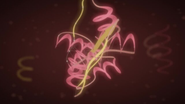 Protein folding ribbon backbone chain twisting into a compact 3D structure seamless loop in deep crimson tones