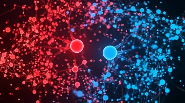 Vibrant red and blue neural network or data connections on a dark background.