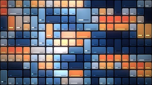 Risk heatmap dashboard grid of data tiles updating from cool blue to hot red, seamless loop in vibrant navy tones
