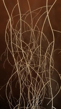 Plant roots branching and spreading downward through dark soil underground seamless loop in calm clay tones vertical 9:16
