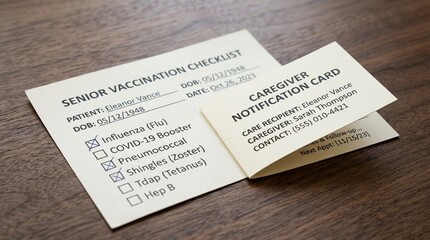 Fototapeta premium Senior vaccination checklist resting beside a folded caregiver notification card