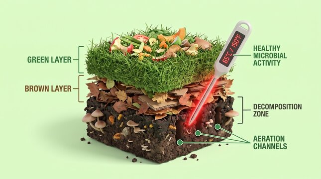 Detailed Diagram of a Healthy Compost Pile Layers and Decomposition Process with Thermometer