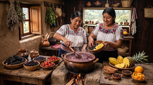 Two Indigenous Andean women cooking traditional colada morada with fresh fruits and purple corn on a wood stove