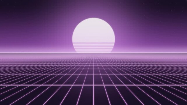 Retro 80s Synthwave Neon Grid and Sunset Horizon Seamless Loop in subtle violet tones