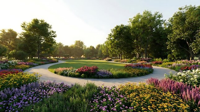 Beautiful landscape design showcasing a colorful gartenausstellung featuring a lush green lawn surrounded by vibrant flower beds and a curved walking path