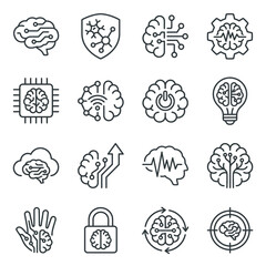 Fototapeta premium A comprehensive set of sixteen line art icons illustrates artificial intelligence and brain-related concepts, featuring various brain representations integrated with circuits and technology.