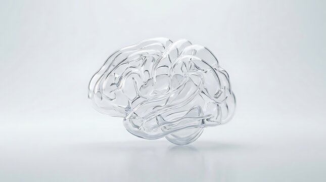 A transparent glass brain sculpture representing scientific ace2 research and molecular biology concepts isolated against a clean white studio background
