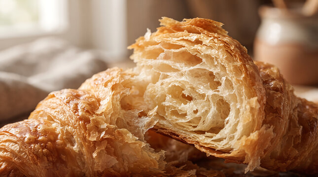 Delicious freshly baked golden brown buttery croissant with flaky layers and airy texture for breakfast