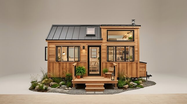 Modern wood tiny house on wheels with a porch and skylight