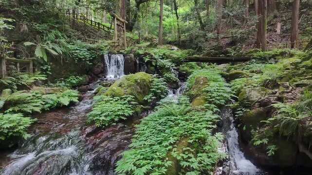ドローンで撮る日本の風景　名水百選に選ばれる福井県若狭町の瓜割の滝　ゆっくり前進してから上昇する空撮映像