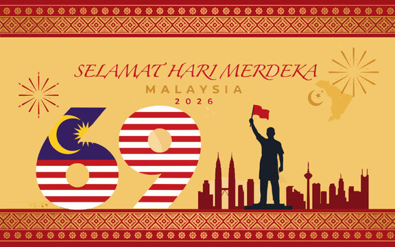 Malaysia Merdeka 2026 poster featuring the 69th anniversary, national flag elements, patriotic skyline, celebration silhouettes, and traditional red and gold decorative patterns.
