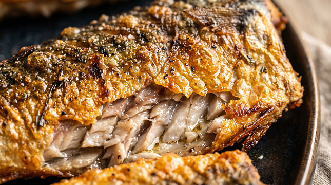 Delicious close up roasted grilled mackerel fish fillet with crispy golden skin and tender flakey meat served on plate