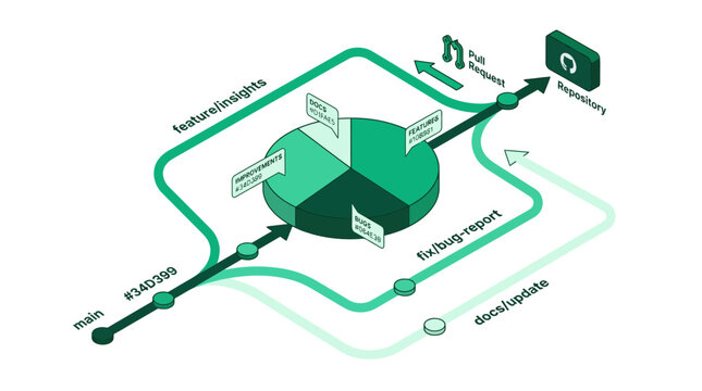 Software Development Workflow: Git Branching, Pie Chart, and Repository