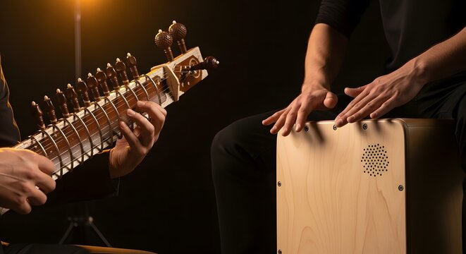 Two musicians playing a sitar and a cajon box drum in a dimly lit setting.